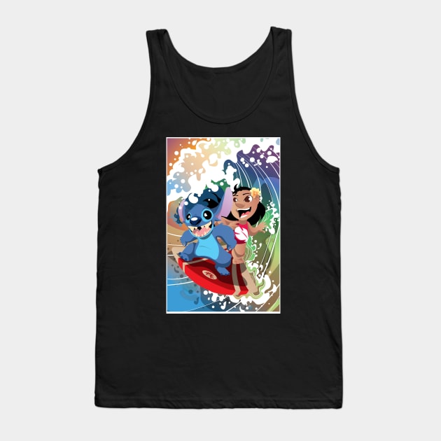 Alien Dog and Surfer Girl Tank Top by CuddleswithCatsArt